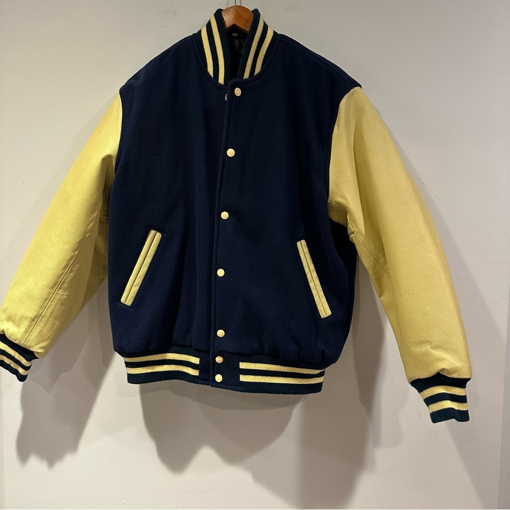 Stewart Strauss Men's Navy Blue Wool & Natural Cream Leather Varsity